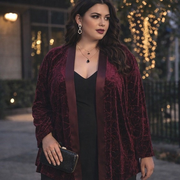 R&M Richards Sweaters - R&M Richards Womens Burgundy Floral Velvet Open Front Cardigan Jacket‎ Size 18